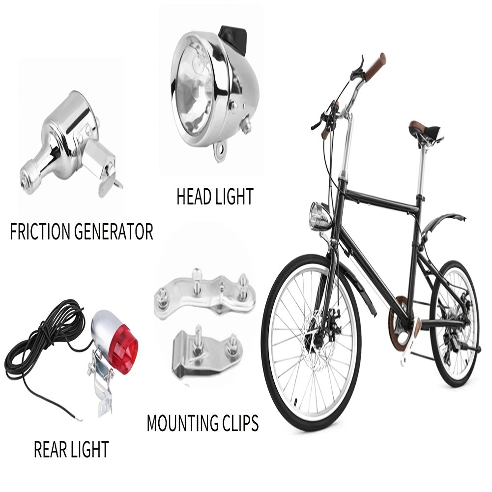 12V 6W Friction Generator Bicycle Dynamo Headlight & Tail Light Kit – No Battery Needed, Fits Mountain Bike, Road Bike, BMX, Folding Bike, Kids Bike & More, Silver