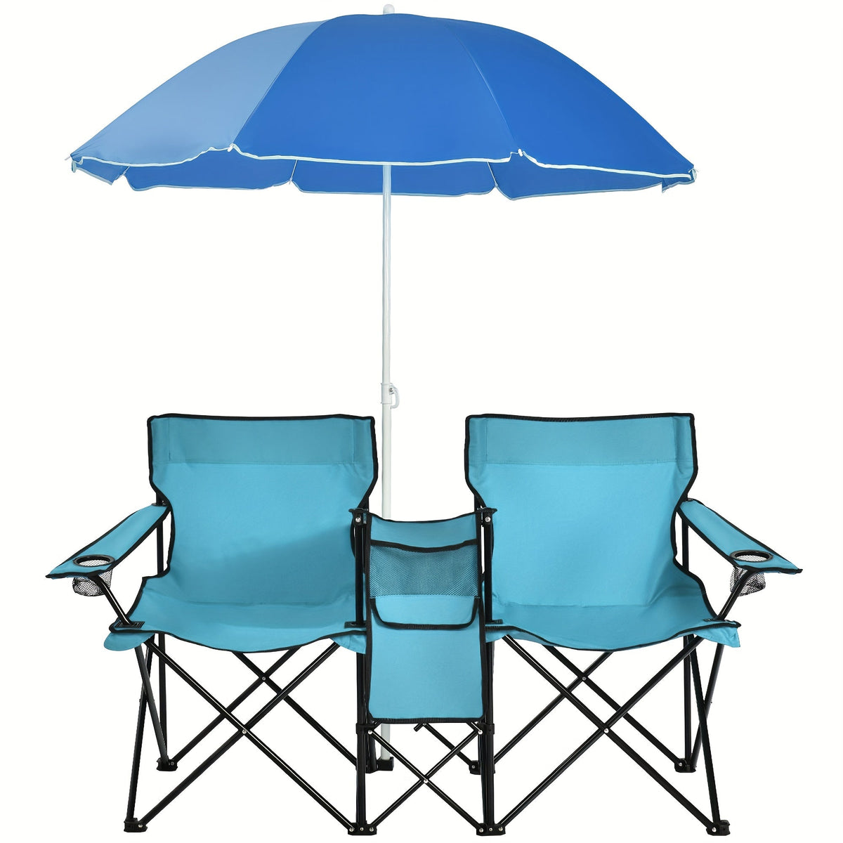 2-Person Folding Beach Chair Set with 59" Umbrella, Cooler Bag & Side Table – 600 lb Capacity Portable Loveseat for Beach, Camping, Picnic & Tailgate, Compact Collapsible Outdoor Chair