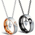 Couples Promise Ring & Necklace Set – I Love You 100 Languages Projection Stone Pendant Matching Jewelry Gift for Him and Her Anniversary Valentine's Day