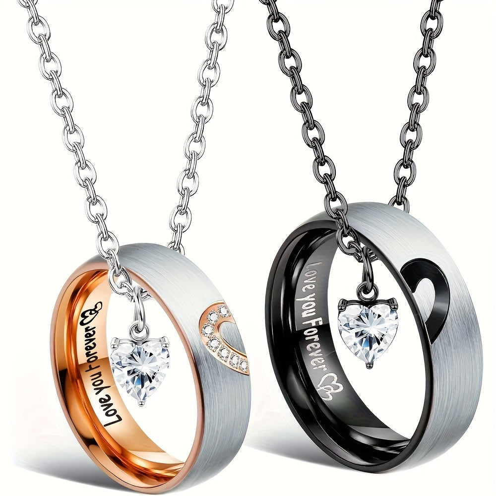 Couples Promise Ring & Necklace Set – I Love You 100 Languages Projection Stone Pendant Matching Jewelry Gift for Him and Her Anniversary Valentine's Day