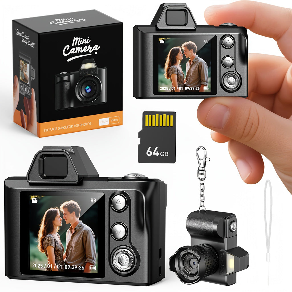 1080P Mini Keychain Camera 2MP with 64GB Memory Card – Compact Thumb-Sized Portable Camcorder, Micro Pocket Camera, Gift for Girlfriend, Boyfriend, Travelers & Teens
