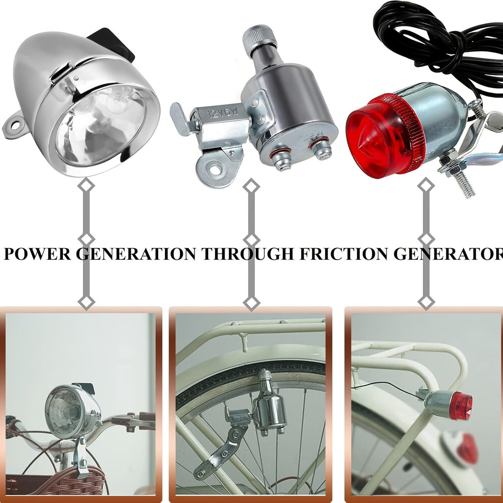 12V 6W Friction Generator Bicycle Dynamo Headlight & Tail Light Kit – No Battery Needed, Fits Mountain Bike, Road Bike, BMX, Folding Bike, Kids Bike & More, Silver