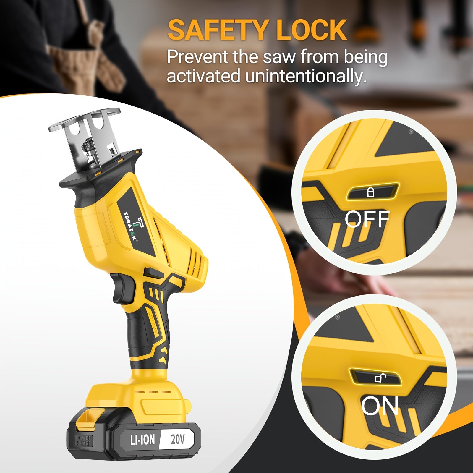 Cordless Reciprocating Saw with LED Light & Safety Lock | Electric Handsaw for Multi-Purpose Cutting, Replaceable Blades, Toolbox Included – 1 or 2 Battery Options, Yellow/Green/Red