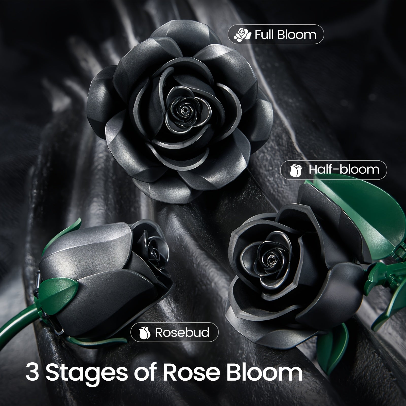 Gothic Black Rose 3D Building Brick Set 152 Pieces Artificial Flower Bouquet Display Model Kit Three Black Roses Unique Gift for Adults Teens Valentine Birthday Halloween Christmas