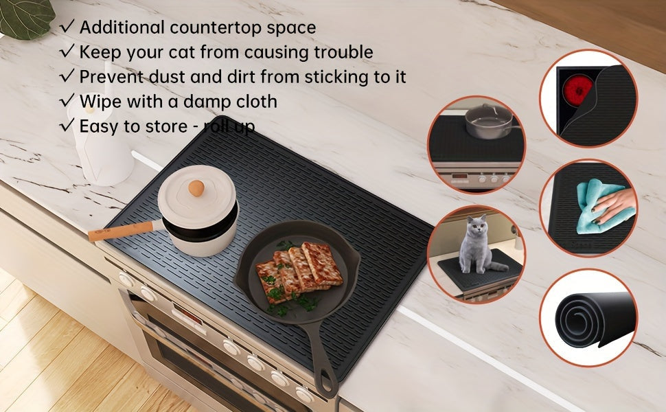 Silicone Electric Stove Top Cover Mat 28 x 20 Inch Heat Resistant Up to 450F Non-Slip Washable Ceramic Glass Cooktop Protector Extra Large Flat RV Range Cover Multipurpose Kitchen Mat Black