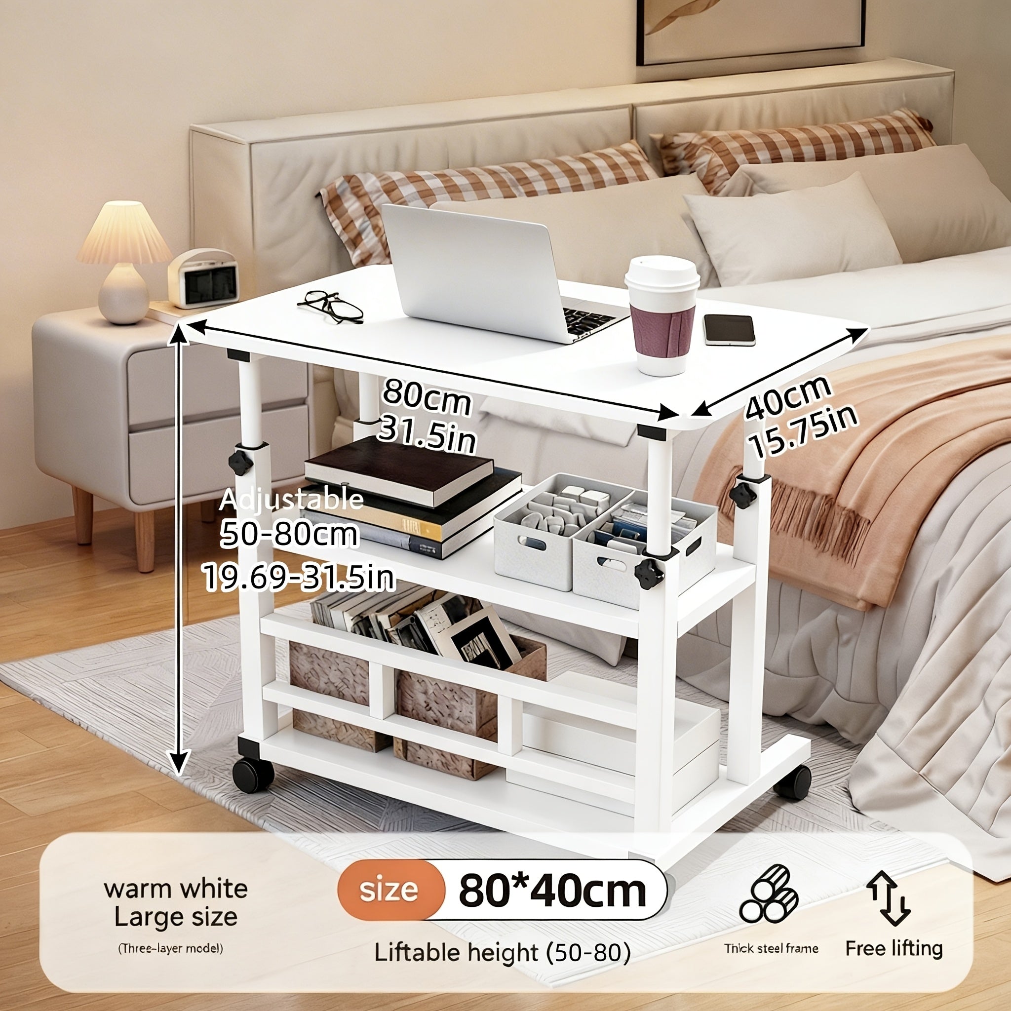 Portable Mobile Desk with Wheels & Adjustable Height Lift Table – Small Computer Study Desk for Bedside Sofa Crafts Home Office in Black or White