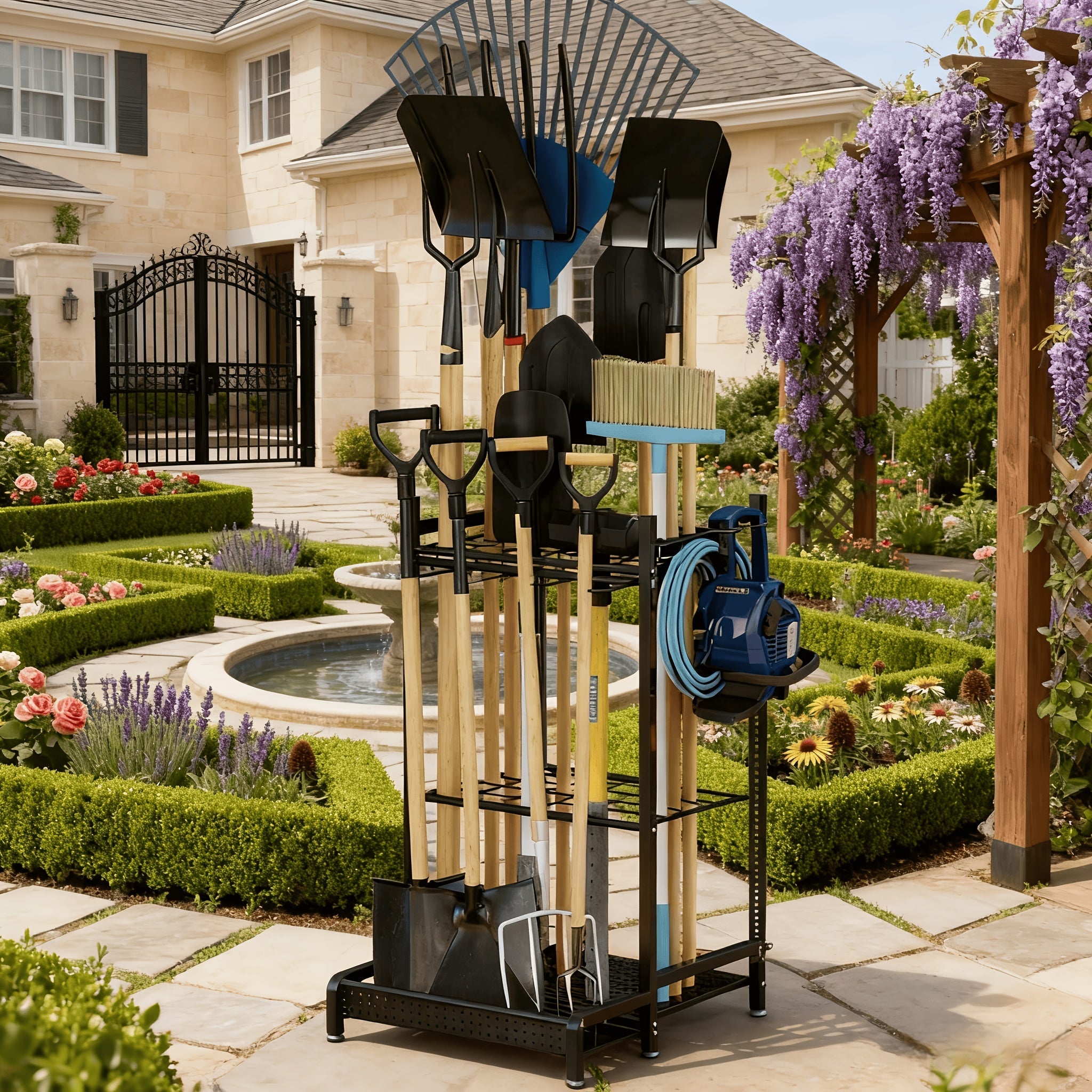 Garden Tool Organizer for Garage Heavy Duty Metal Rack with Hooks – Freestanding Yard Tool Stand Holder for Long-Handled Brooms, Shovels, Rakes & Outdoor Tools, Black Storage Rack