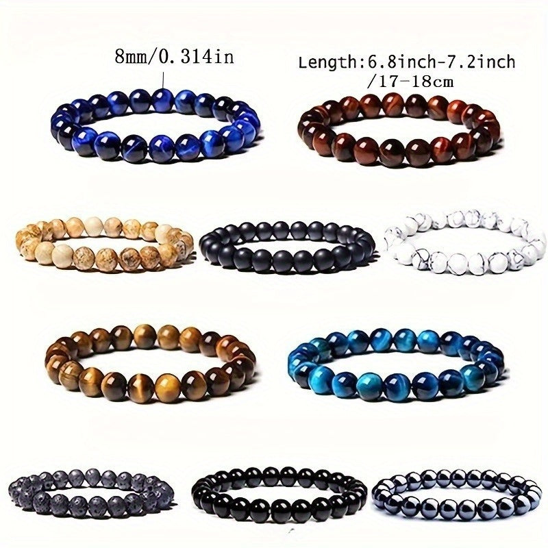 Natural Stone Beaded Bracelet Set 10pcs 8mm – Boho Stackable Elastic Healing Crystal Gemstone Wrist Jewelry for Men Women, Unisex Stretch Bracelets for Yoga Meditation Festival Birthday Gift