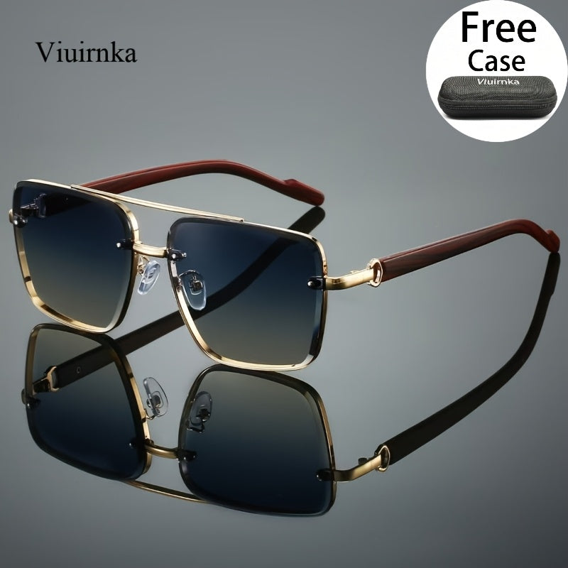 Square Retro Sunglasses Wood Grain Double Beam Unisex – UV Protection Fashion Eyewear with Case 7 Colors for Men Women Driving Travel Beach Street Photography Holiday Gift