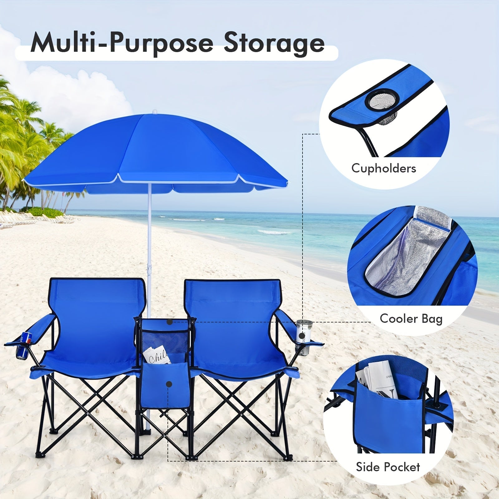 2-Person Folding Beach Chair Set with 59" Umbrella, Cooler Bag & Side Table – 600 lb Capacity Portable Loveseat for Beach, Camping, Picnic & Tailgate, Compact Collapsible Outdoor Chair