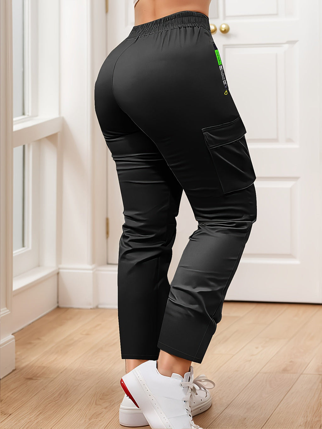 Multi-Pocket Cargo Pants Women Neon Green Zipper Accents Drawstring Waist Full-Length Outdoor Travel Trousers 4 Colors XS-XXL Streetwear
