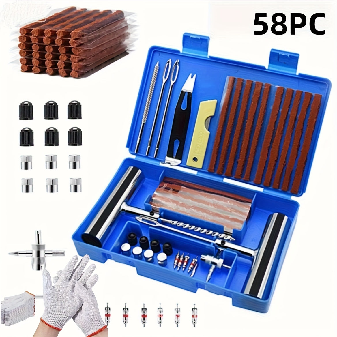 Tire Repair Tool Kit 47 58 104 116 Piece Industrial Grade Tubeless Flat Tire Fix No Battery Manual Hand Tools for Cars Motorcycles Trucks Tractors Trailers ATVs Optional Storage Bag & Gloves | Nova Mart