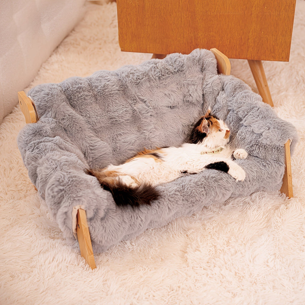 Elevated Pet Sofa Bed Solid Wood Frame Bamboo Mat Replaceable Fleece Mattress Modern Lounge Chair for Small Medium Dogs Cats Gray White Bamboo Style