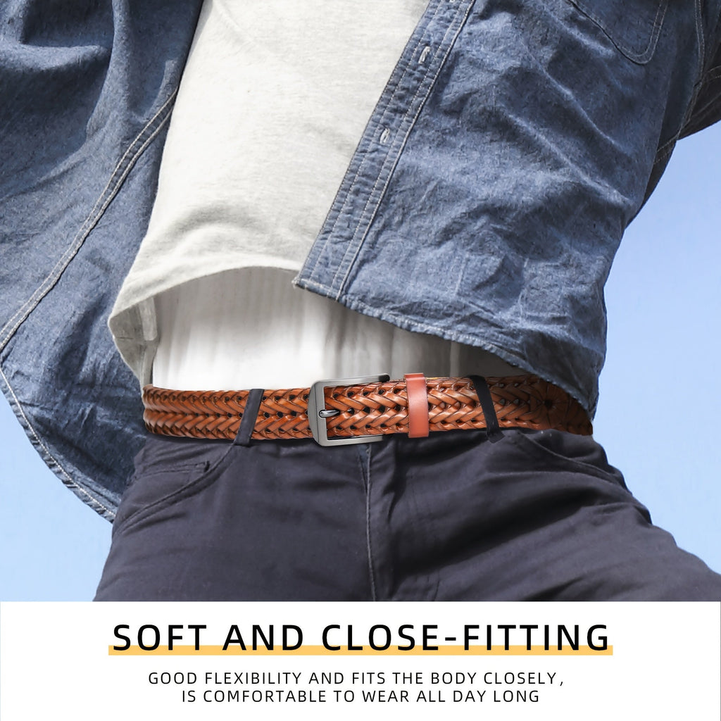 Men's Leather Braided Belt – Woven Hollow Design with Gold Zinc Alloy Buckle, Casual Dress Belt for Golf Pants Jeans Everyday Wear, Sizes 34" to 50", Great Gift for Dad