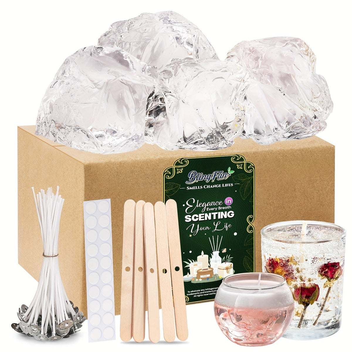BlingFun Gel Candle Making Kit 400g Clear Jelly Wax 4 Colors 20pcs Wicks 20pcs Stickers 5pcs Wick Holders DIY Scented Candle Kit for Home Decor Craft Projects Beginner Candle Supplies
