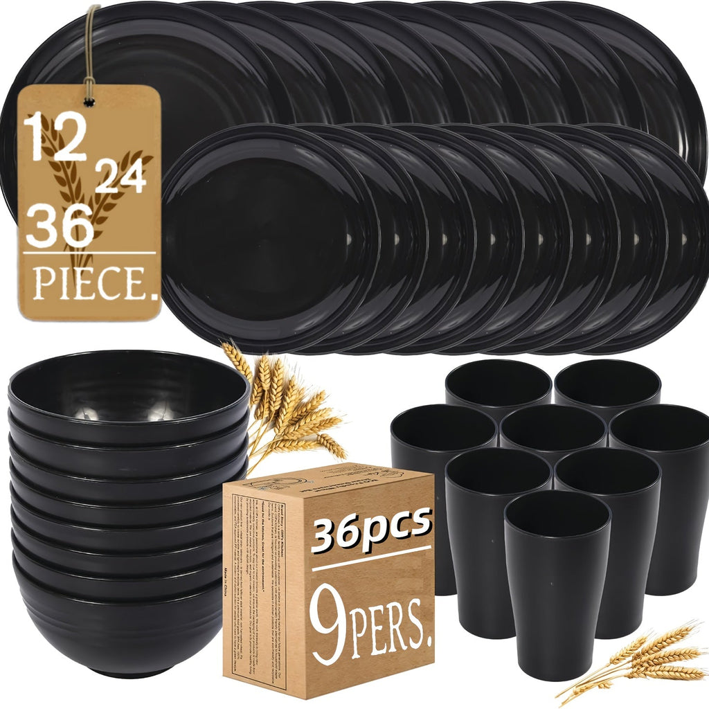 Wheat Straw Dinnerware Set 12/24/36 Piece with Multicolor Option – Reusable Eco-Friendly Unbreakable Plates Bowls & Cups, Dishwasher & Microwave Safe for Camping Picnic Party Outdoor Everyday Use