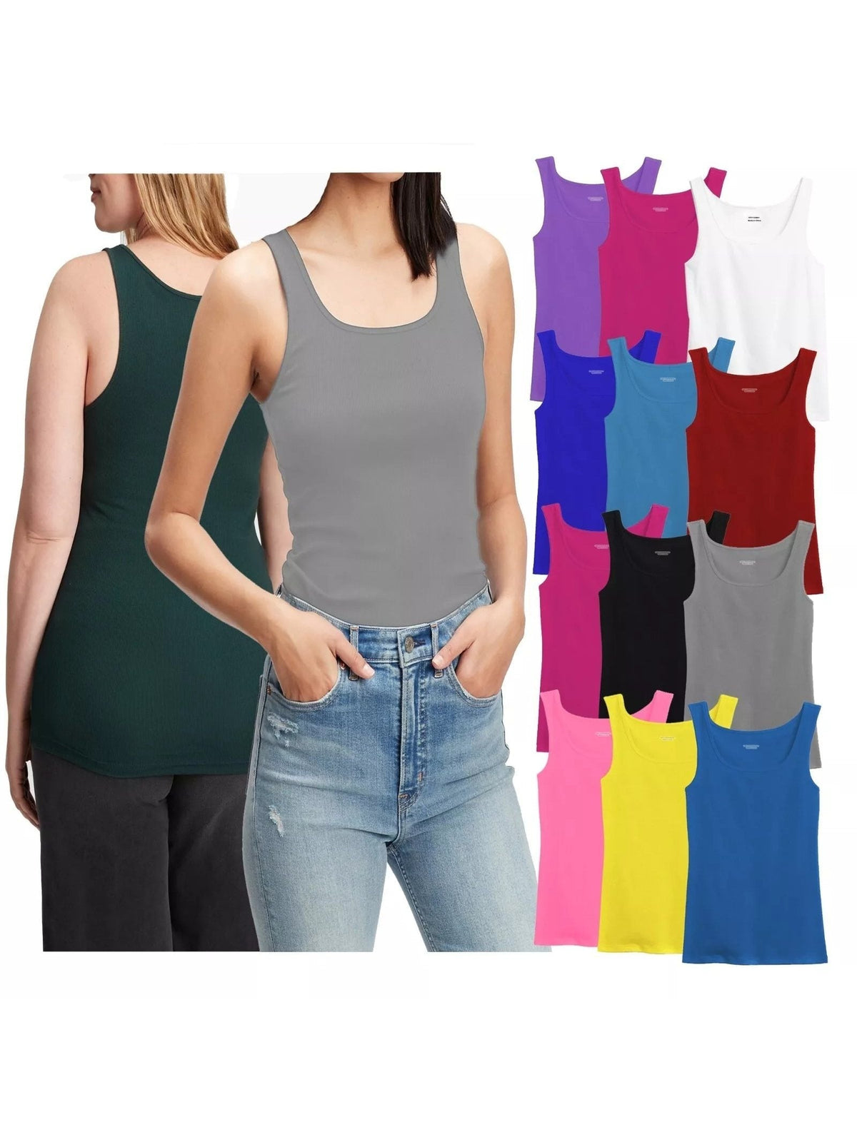 100% Cotton Ribbed Tank Top Women Tagless Sleeveless Undershirt Round Neck Multipack 3 6 9 12 Pcs Random Colors S-XXL