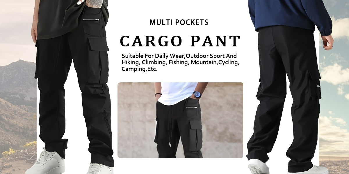 Men's Cargo Pants 2-Pack Multi-Pocket Elastic Waist Drawstring Hiking Trousers Breathable Loose Straight Fit All Season Black Khaki Dark Grey Sizes S-XXL