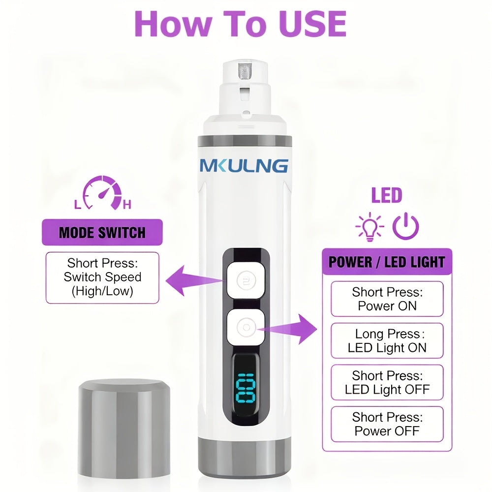 Quiet Dog Nail Grinder with LED Light – Upgraded 3-Speed Rechargeable Electric Pet Nail Trimmer & Grinder Kit, Painless Paw Grooming for Small Medium Large Dogs & Cats