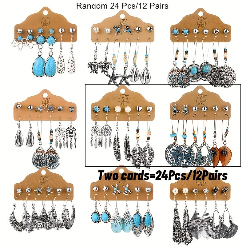 12 Pairs Boho Turquoise Drop Earrings Set for Women – Vintage Bohemian Leaf Heart Dangle Earrings, Perfect Holiday Gift for Girls & Women Daily Wear