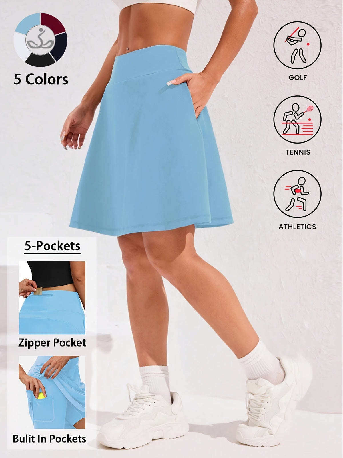 Women's 20-Inch Knee Length Skorts with 5 Pockets – High Waist Built-In Shorts Athletic Skirt for Tennis Golf Pickleball Hiking Casual Wear, Sizes S-XXL, 5 Colors Black White Navy Sky Blue Deep Red
