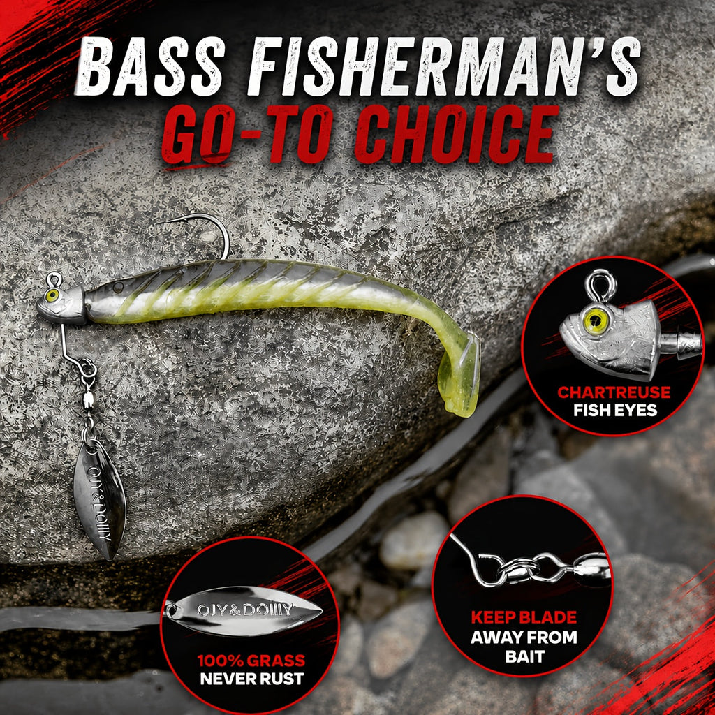 Underspin Jig Heads 6-Pack with 100% Brass Blade (Never Rust) - Bass & Saltwater Fishing Lures - 3/16oz 1/4oz 3/8oz 1/2oz Sizes Included