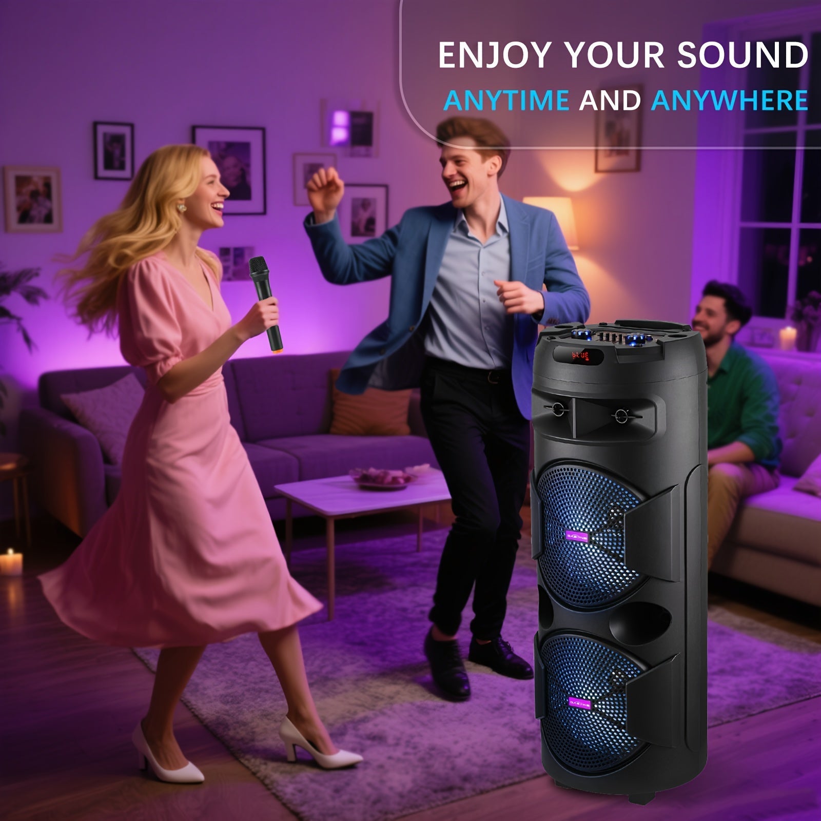 6000W Dual 8" Portable Wireless PA Speaker System – Rechargeable 1800mAh Battery, Wired Mic, Party Lights, Subwoofer, USB/AUX/FM for DJ, Outdoor & Party