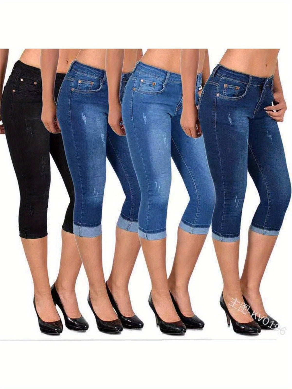 Women's Stretch Skinny Capri Jeans – Slim Fit Cropped Denim Pants with Elastic Waistband, Soft Machine Washable Fabric, Street Style Summer Casual, 3 Colors, Sizes S-XXL