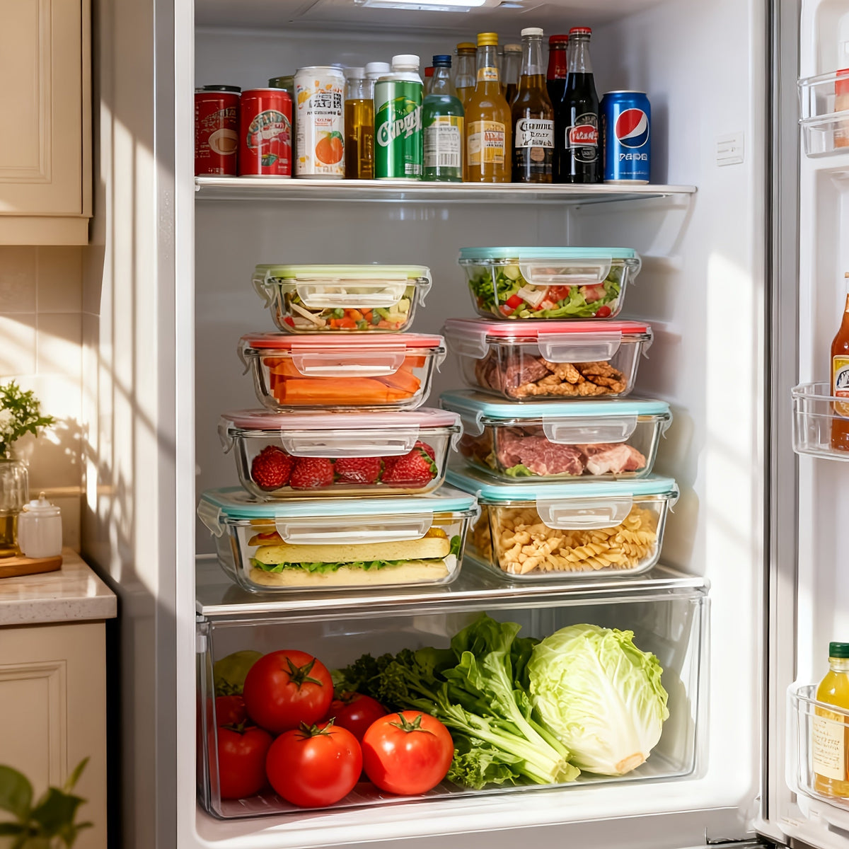 Airtight Glass Food Storage Containers 16-Piece Set 8 Lids 8 Containers Microwave Oven Freezer Dishwasher Safe BPA-Free Meal Prep Salads Fruits Vegetables Sandwiches Picnic