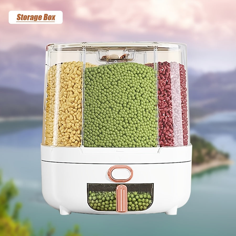 Rotating Cereal Dispenser 6-Grid Large Capacity Airtight Rice Storage Container, Moisture-Proof Insect-Proof Grain Dispenser with Transparent Window & Press Button, Food-Grade PP for Rice Grains Flour