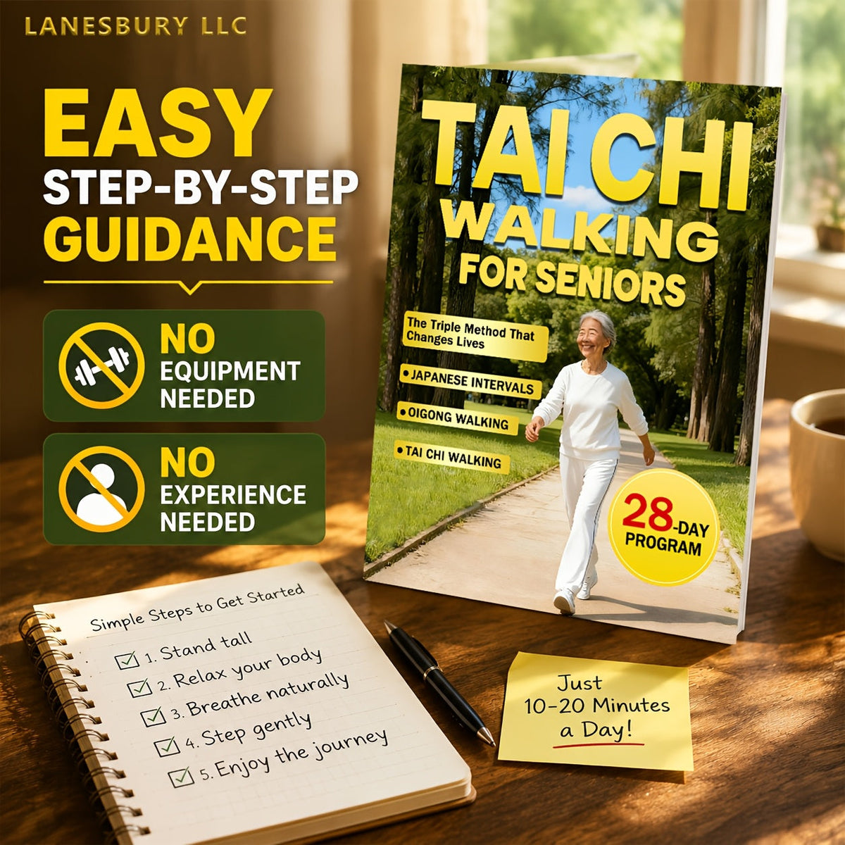 Tai Chi Walking for Seniors Book – 28-Day Triple Method for Gentle Weight Loss with Japanese Interval Walking & Qigong, Low-Impact Fitness Guide for Older Adults