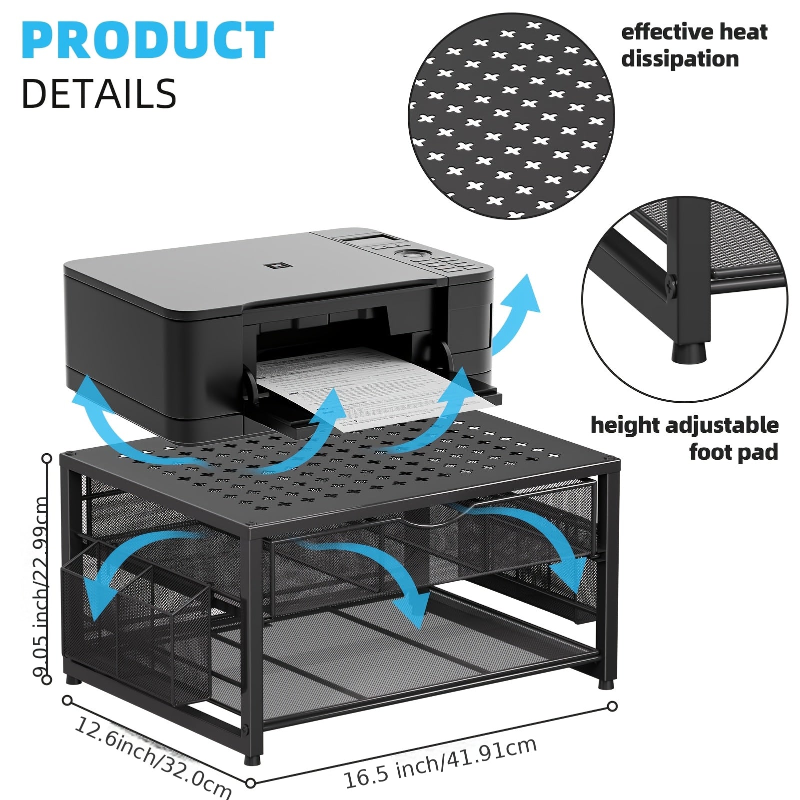 Metal Printer Stand with Storage Drawer & 2 Pen Holders – 2-Tier Desktop Organizer for Home Office, Printer Table for Scanner Fax Machine Files, Wood & Wood Black Finish