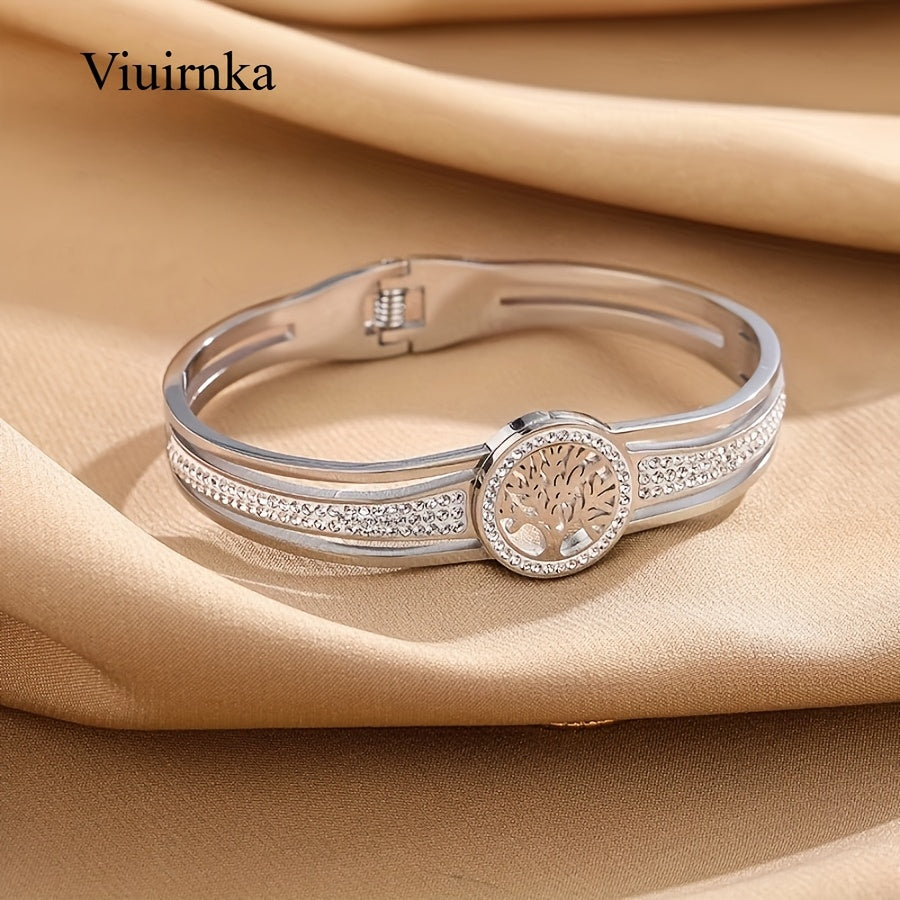Tree of Life Bangle Bracelet for Women Stainless Steel Hypoallergenic – Symbolic Charm Cuff Gift Box Included Steel & Gold Tone Birthday Anniversary Mother's Day Valentine Gift