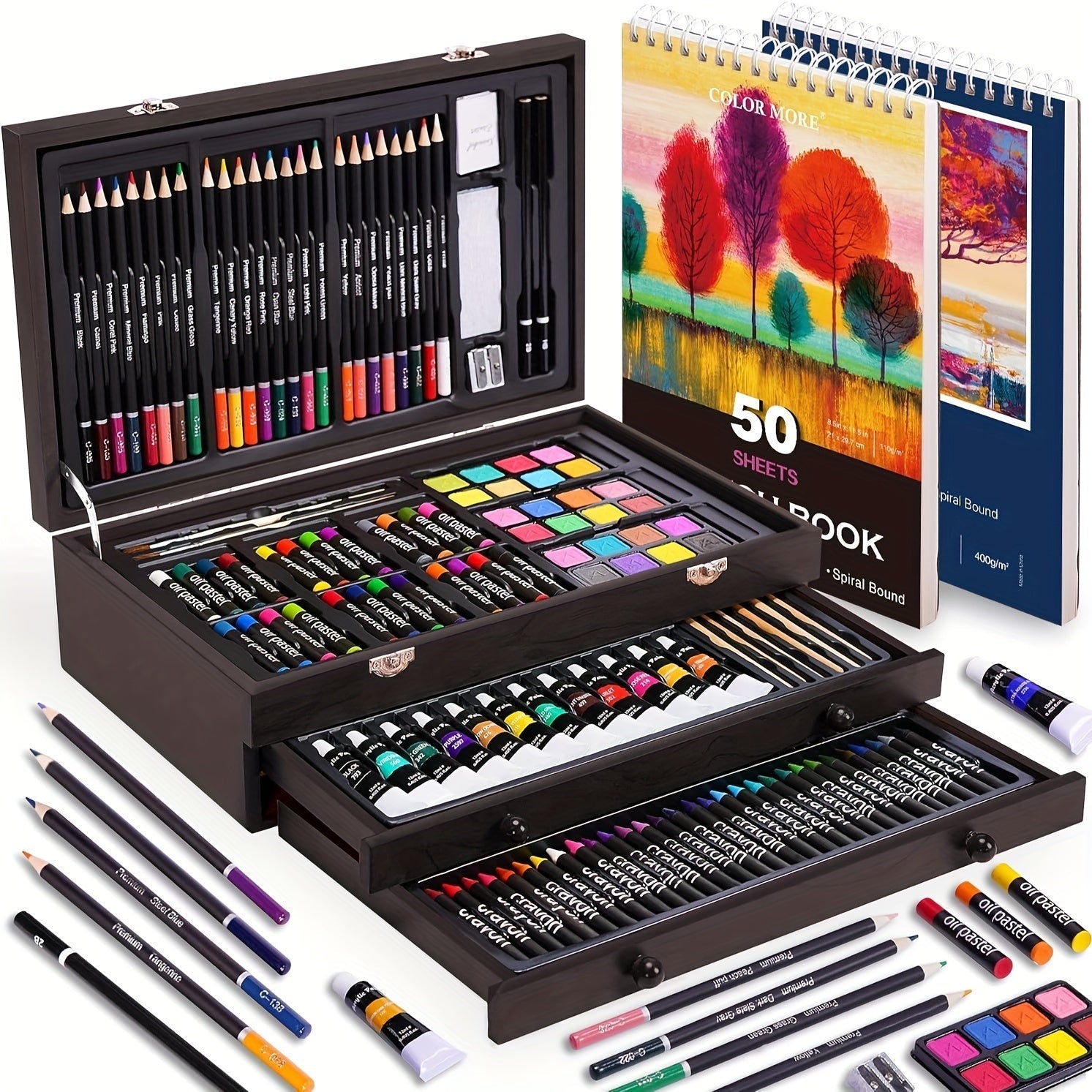 175-Piece Deluxe Art Set in Wooden Case – Professional Art Kit with 2 Drawing Pads, Crayons, Acrylic Paints & Colored Pencils, All-in-One Paint Supplies Gift for Kids & Adults, Cherry Pink Purple Blue Wood Brown