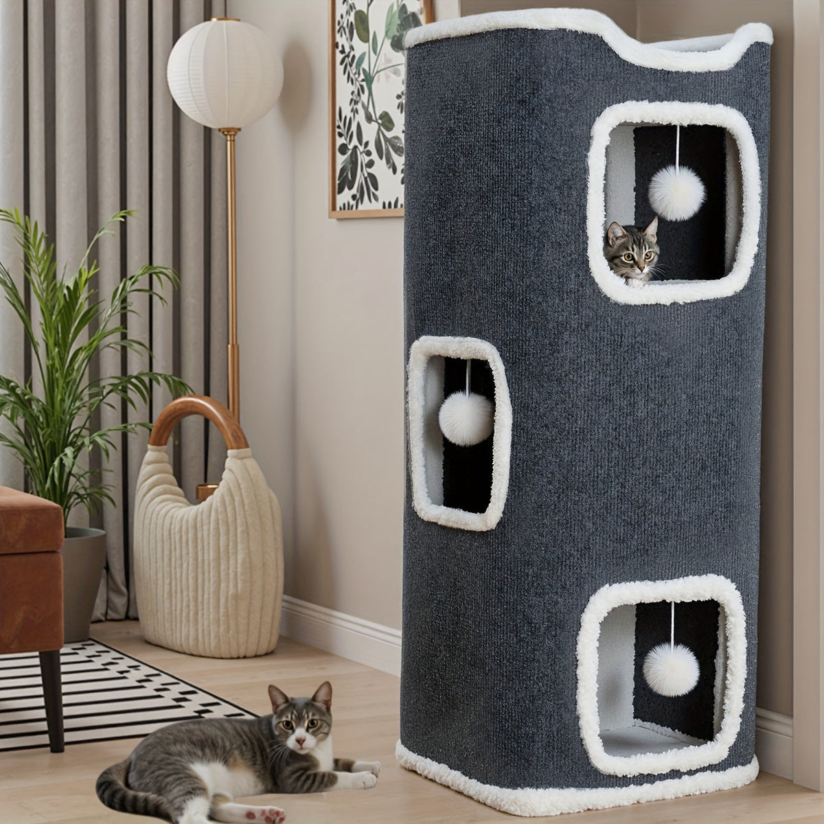 Multi-Level Foldable Cat Tree Tower for Indoor Cats Scratching Post Cozy Perch Cat Condo with Hanging Toy Ball & Hideaway – Soft Bed, 1/3/4 Tier Options, Light Gray Dark Blue Camel