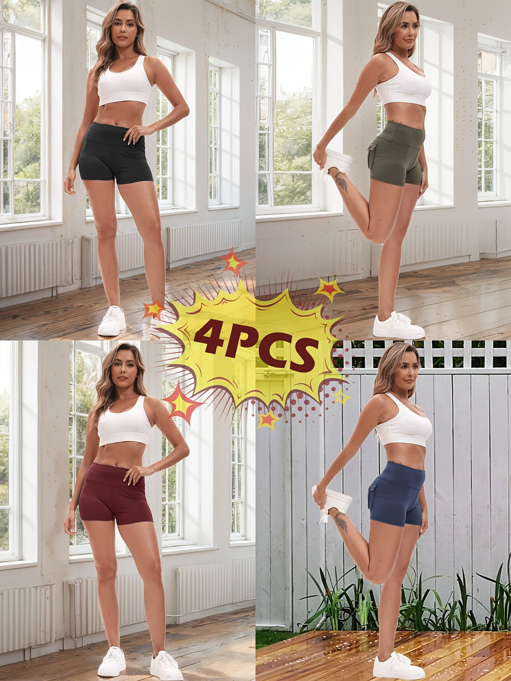 Women's Yoga Shorts 4 Pack High-Stretch Hip Lifting Quick-Dry – Fitness Athletic Shorts with Elastic Waist & 2 Pockets for Gym Running Pilates, Solid Color Set S-XXL