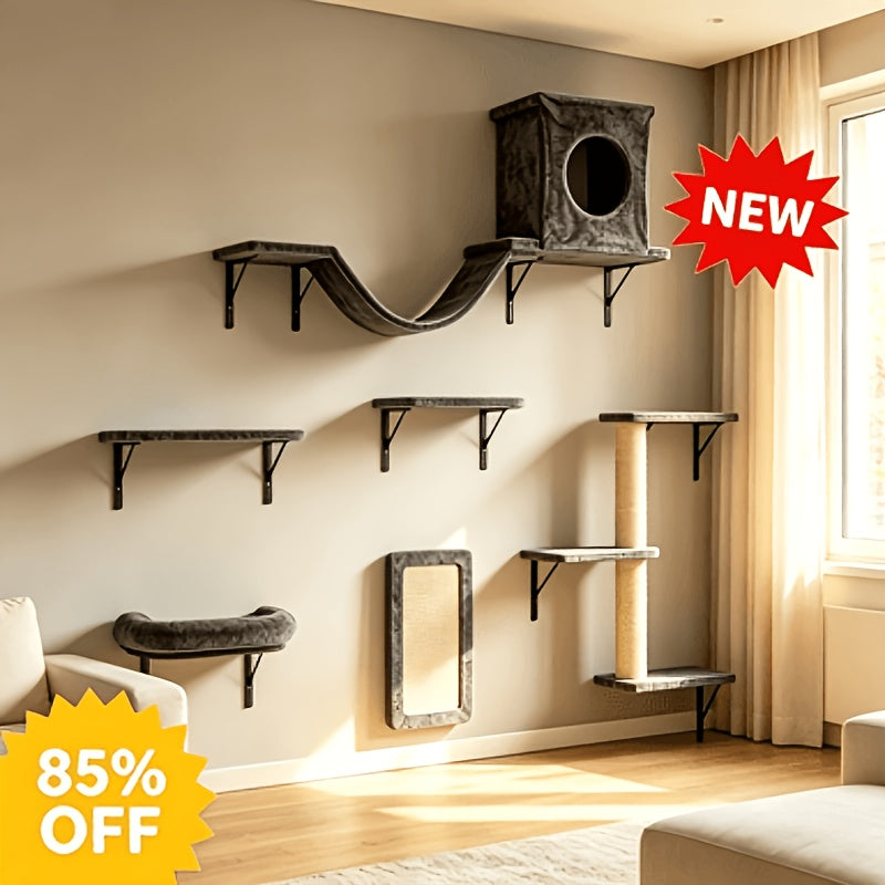 Wall Mounted Cat Climbing Shelf Set 7-Piece Deluxe Indoor Cat Furniture with Condo Scratching Post Bridge Ladder Tunnel – Space-Saving Cat Wall Playground for All Cat Sizes