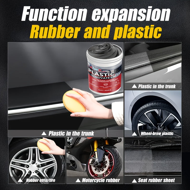 Car Plastic Trim Restorer Wax 400g – High Gloss UV-Resistant Polish for Dashboard Bumper Tire & Exterior Trim, Anti-Fade Interior & Exterior Car Detailing Paste, Non-Greasy Fast-Drying
