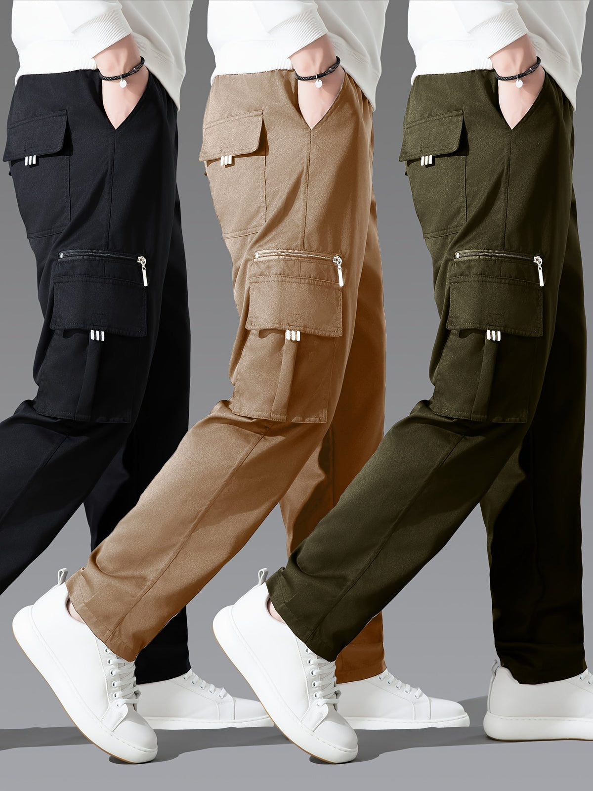 Men's Cargo Pants 3-Pack Multi-Pocket Regular Fit – Solid Color Polyester Woven Hiking Outdoor Pants for Spring & Fall, Sizes S-XXXL, 9 Color Combos