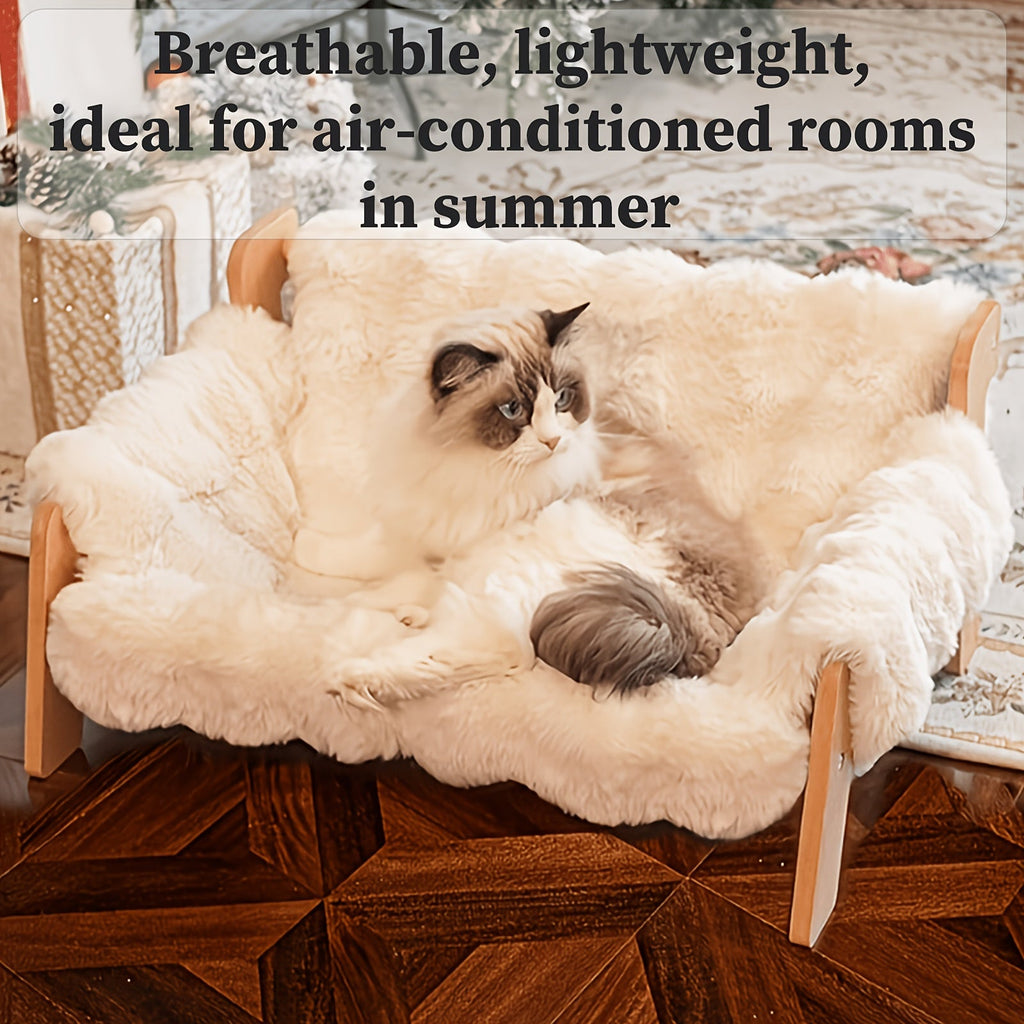 Elevated Pet Sofa Bed Solid Wood Frame Bamboo Mat Replaceable Fleece Mattress Modern Lounge Chair for Small Medium Dogs Cats Gray White Bamboo Style