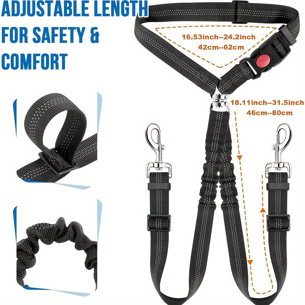 Dual Dog Car Seat Belt 2 Dogs Simultaneously No-Tangle Adjustable Bungee Headrest Clip Pet Safety Harness Small Medium Large Dogs Travel Black Red Rose Red