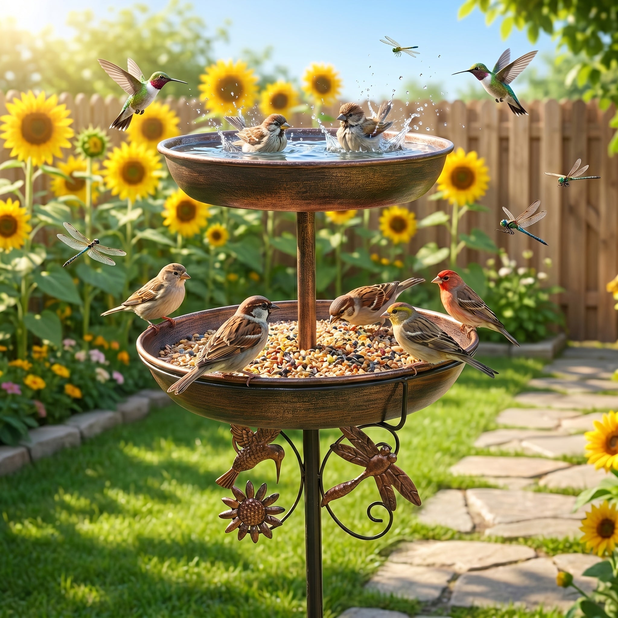 Iron Bird Bath & Feeder 2-in-1 Vintage Outdoor Garden Decor – Rust-Proof 5-Claw Ground Stake, All-Season Bird Drinking & Bathing Stand, Easy Clean Yard & Holiday Decoration