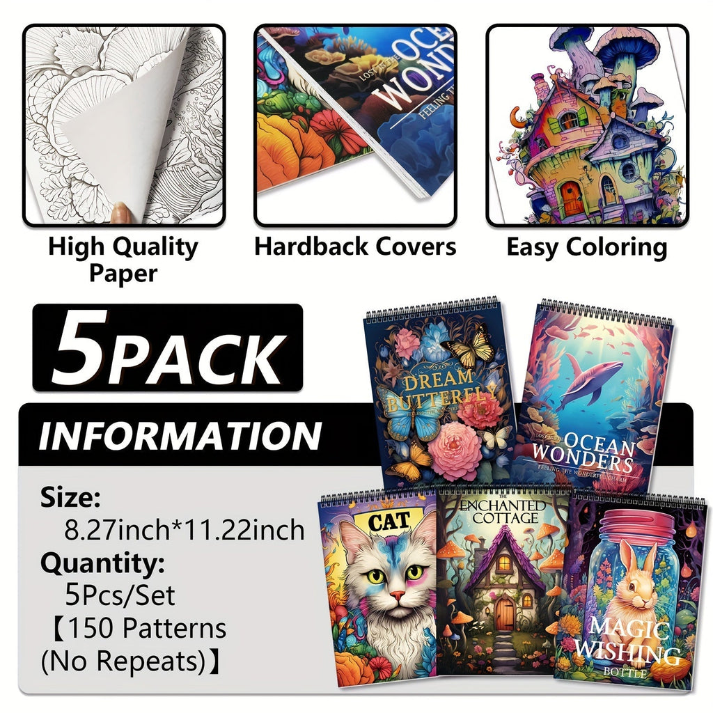 Adult Coloring Books Set of 5 with 150 Unique Designs – Spiral Bound Mindfulness Art Books Featuring Butterflies, Cats, Ocean, Cottage & Magical Wishes – Perfect Stress Relief Gift for Women, Men & Teens