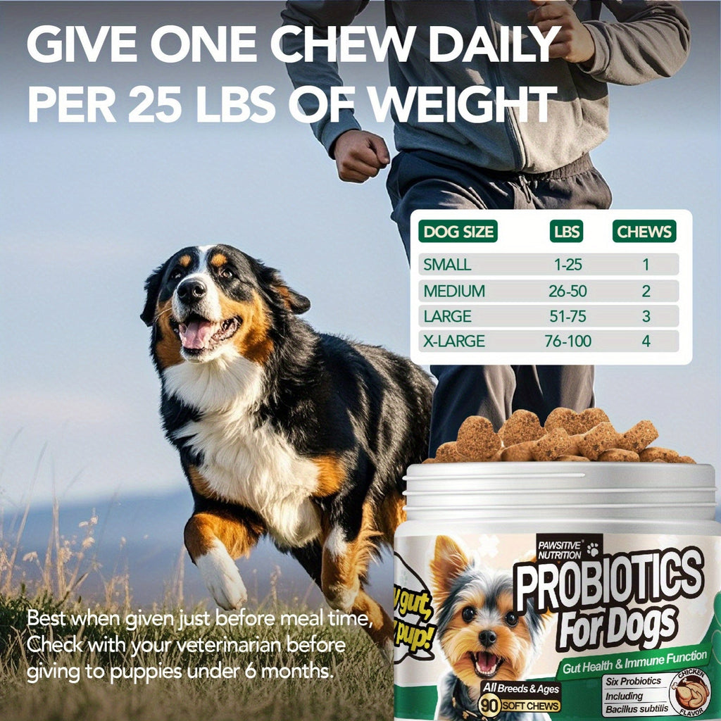 Dog Probiotic Soft Chews 90 Count Chicken Flavor Supports Gut Health Digestion Stool Quality All Breeds Daily Supplement 1 or 3 Bottle Pack