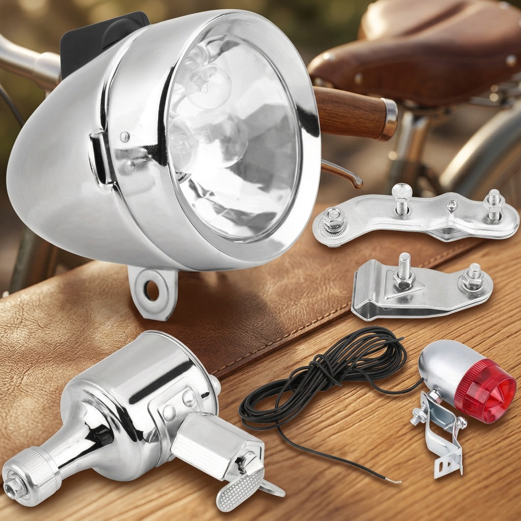 12V 6W Friction Generator Bicycle Dynamo Headlight & Tail Light Kit – No Battery Needed, Fits Mountain Bike, Road Bike, BMX, Folding Bike, Kids Bike & More, Silver