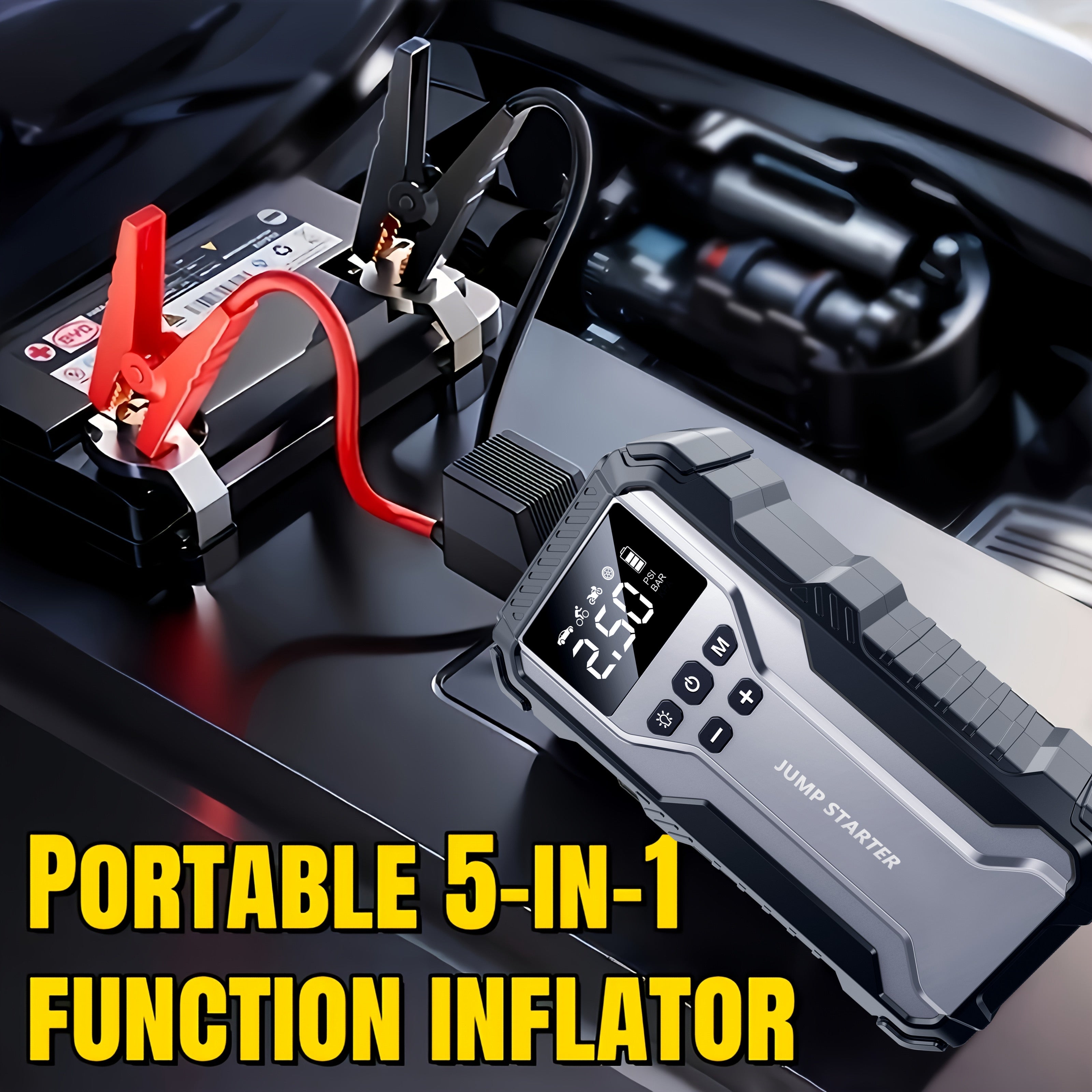Portable Car Jump Starter Kit Multi-Function 12V Battery Booster with LED Flashlight SOS Rescue Light Air Pump for Cars Trucks Emergency Power Accessory
