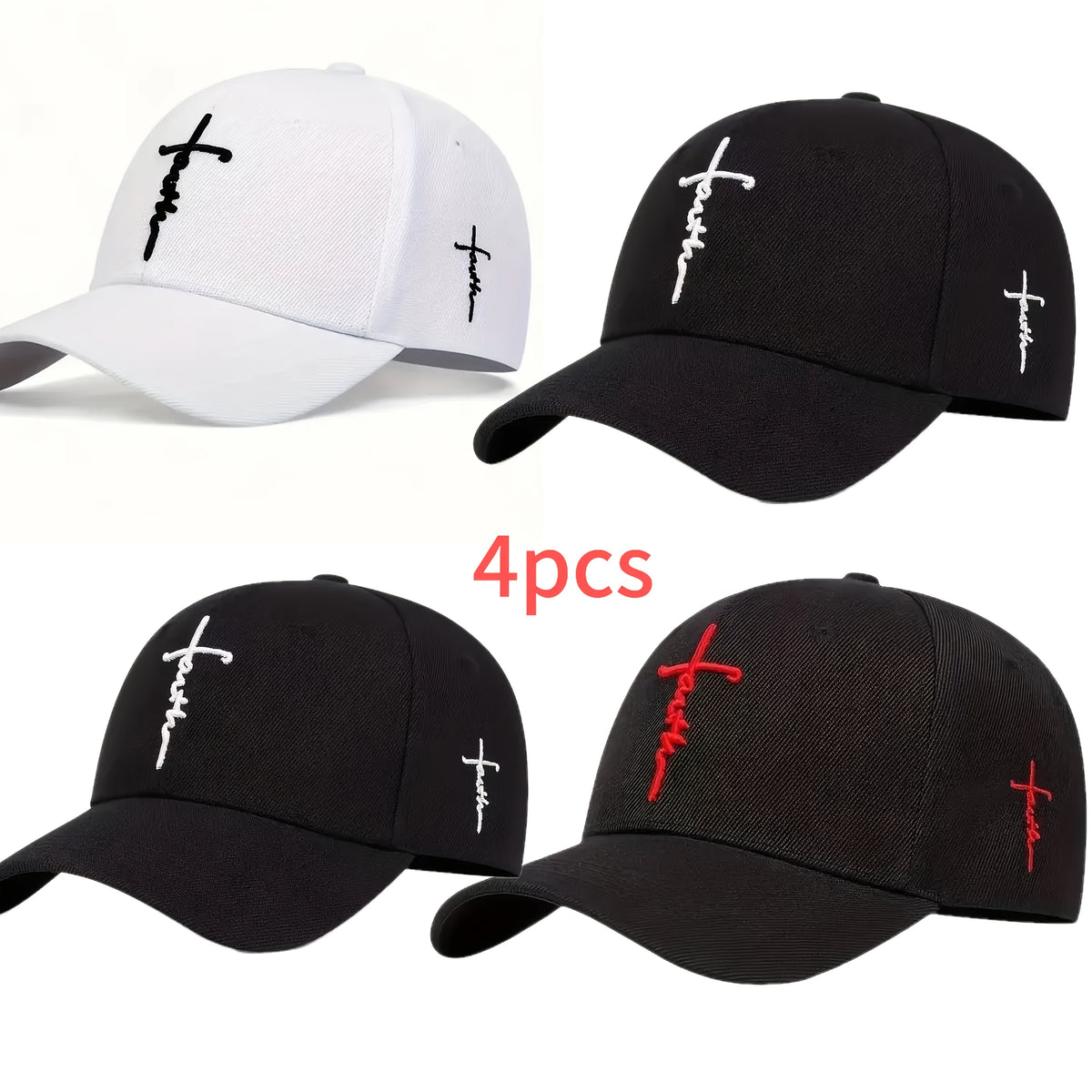 4 Pack Cross Embroidered Baseball Cap – Unisex Adjustable Snapback Sun Hat Lightweight 100% Polyester Outdoor Travel Beach Game Day Hat for Women & Men
