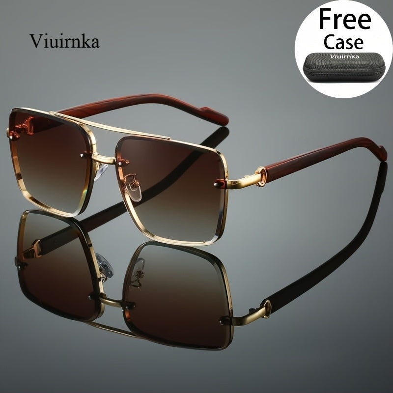 Square Retro Sunglasses Wood Grain Double Beam Unisex – UV Protection Fashion Eyewear with Case 7 Colors for Men Women Driving Travel Beach Street Photography Holiday Gift