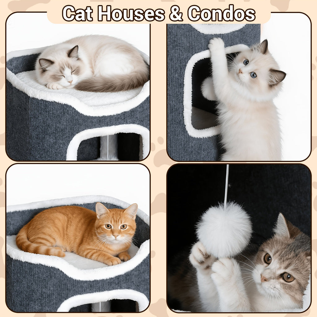 Multi-Level Foldable Cat Tree Tower for Indoor Cats Scratching Post Cozy Perch Cat Condo with Hanging Toy Ball & Hideaway – Soft Bed, 1/3/4 Tier Options, Light Gray Dark Blue Camel