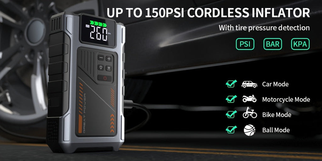 8000A Portable Jump Starter with Air Compressor 12V Battery Booster for 8.0L Gas 6.5L Diesel Engines USB Charging Ports LED Flashlight Jump Box for Cars Trucks SUVs Motorcycles